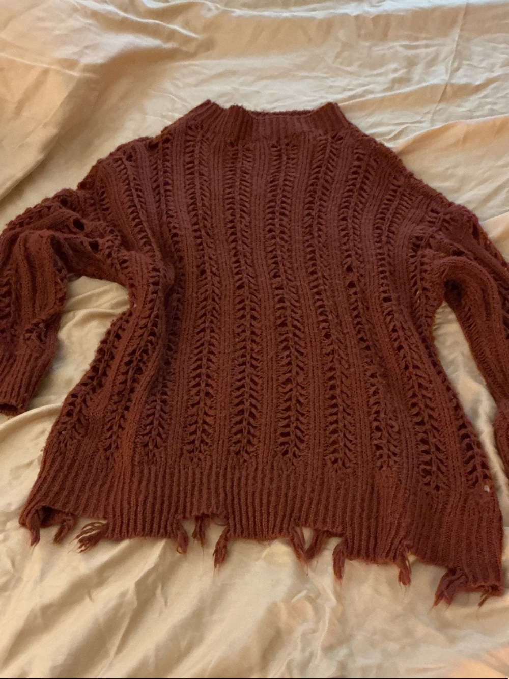 SHEIN Open-Knit Distressed Turtleneck Sweater - Rust Brown